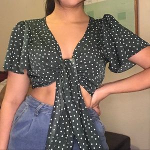 Green polka dot tie front shirt